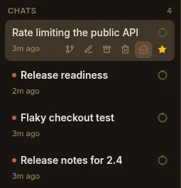 A chat row hovered to reveal its six actions, with the mark-unread envelope highlighted